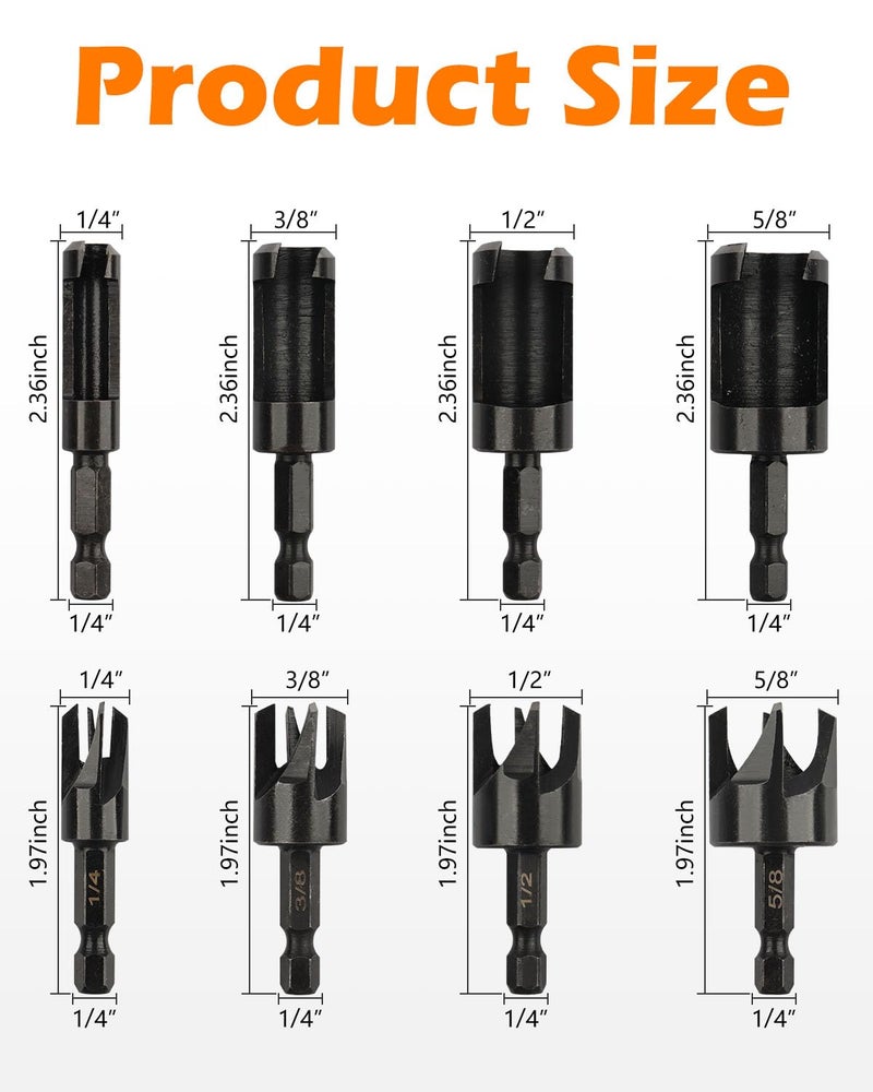 AOKLIT Store Plug Cutter, 8Pcs Wood Plug Cutters Drill Bit Set with 1/4 Hex Shank, Straight and Tapered Taper Cutting Tool 1/4", 5/8", 3/8", 1/2", Black - Image 2